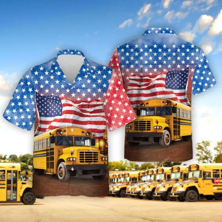 School Bus Hawaiian Shirt For Men Women, School Bus Summer Beach Shirt, American Flag 3d Aloha Shirts, Back To School Button Down Short Sleeve Shirt