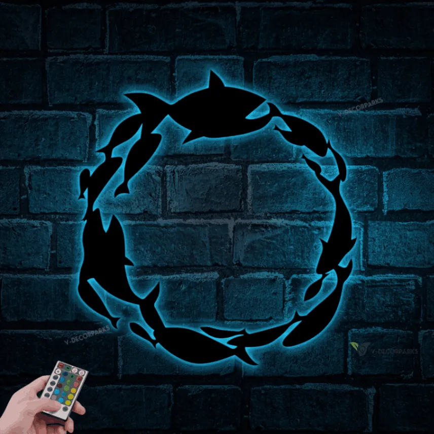 School Of Fish Metal Led Lights, Metal Wall Decor Coastal Beach, Wall Decor Interior, Fish Metal Wall Decor, Living Room Sign