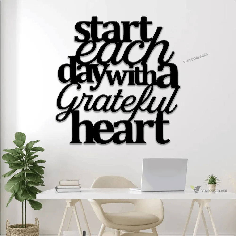 Start Each Day With A Grateful Heart Led Lights, Metal Wall Art, Grateful Sign, Home Decor, Wall Quote, Grateful Heart, Wall Decor, Rustic Metal Sign