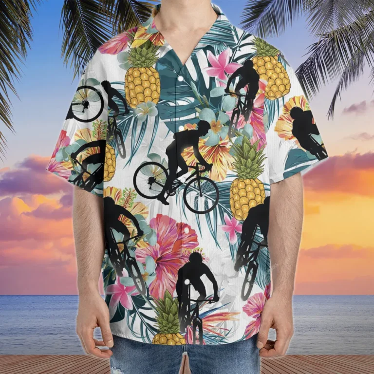 Pineapple Cycling Hawaiian Shirts For Men Women, Tropical Floral Beach Shirt, Mountain Bike Aloha Shirt, Bicycle Lovers Button Down Short Sleeve Shirt