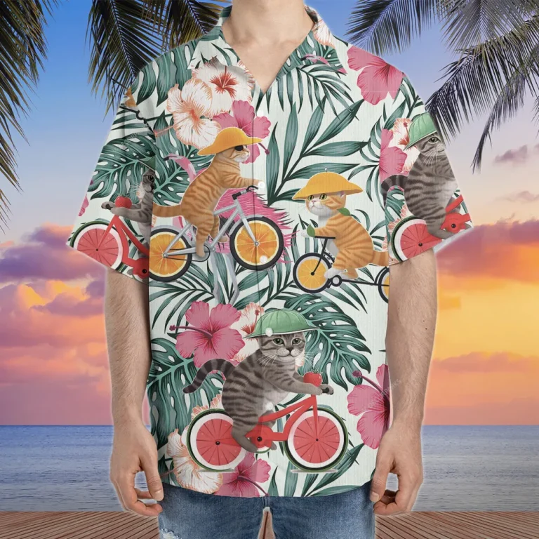 Funny Cat Cycling Hawaiian Shirts For Men Women, Tropical Fruits Bike Summer Beach Shirt, Aloha Shirts, Bicycle Lovers Button Down Short Sleeve Shirt