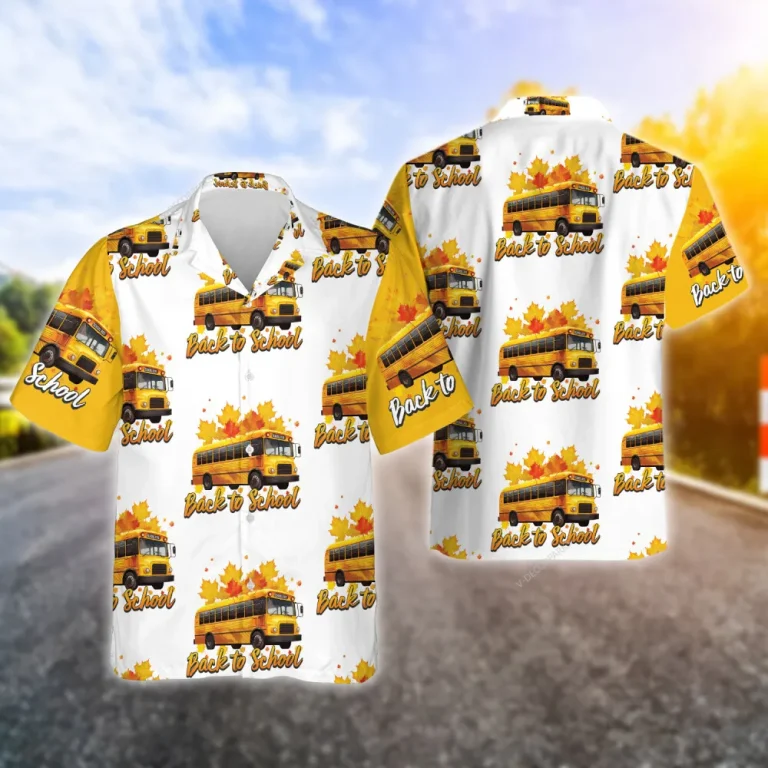Shool Bus Hawaiian Shirt For Men Women, Maple Leaves Beach Shirts, Back To School Aloha Shirt, Bus Driver Gift Button Down Short Sleeve Hawaiian Shirt