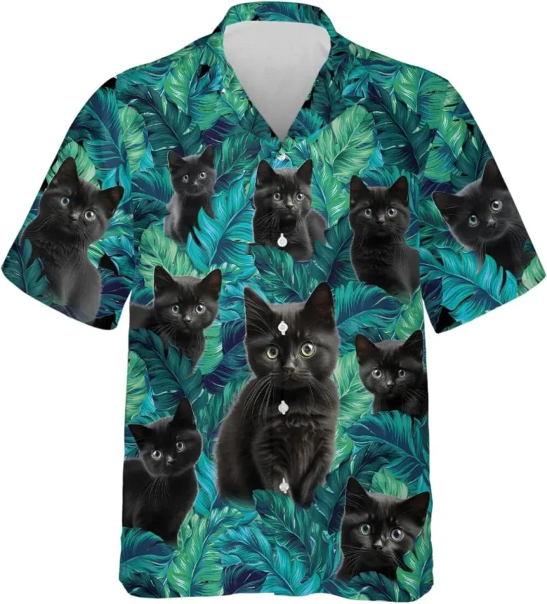 Black Cat Hawaiian Shirt For Men, Tropical Palms Tree Pattern Black Cat Summer Shirts, Short Sleeve Button Down Summer Hawaiian Shirts For Cat Lovers