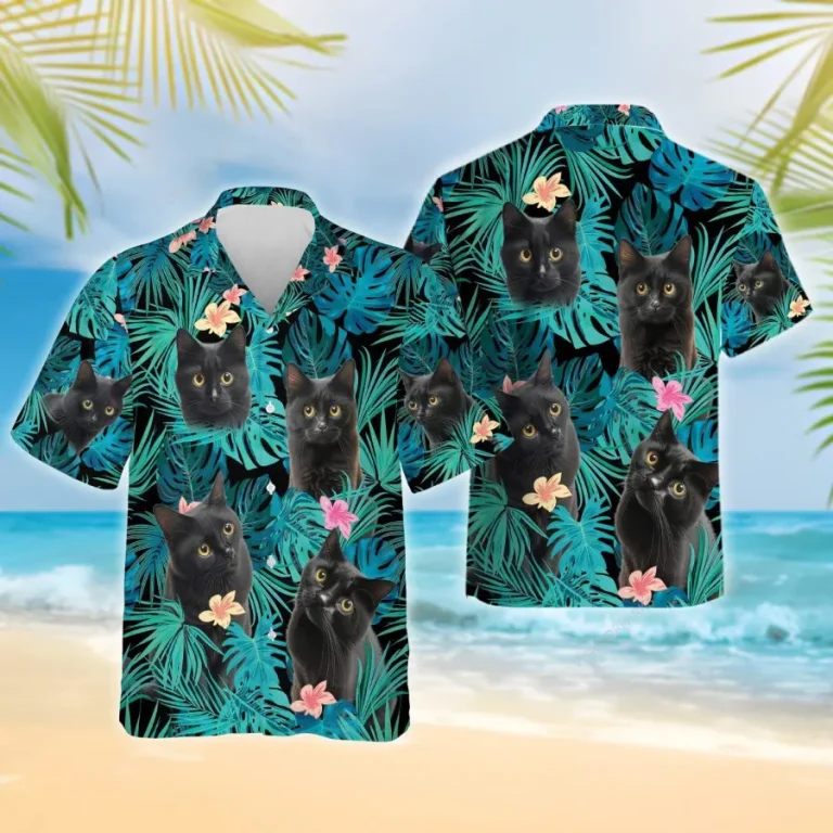 Black Cat Tropical Printed Shirt For Men Women, Tropical Cat Hawaiian Shirt, Summer Beach Shirt, Cat Button Down Shirt, Family Aloha Shirt