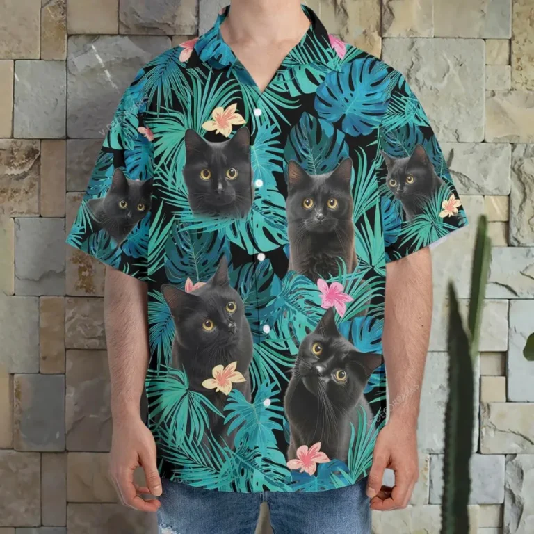 Black Cat Tropical Printed Shirt For Men Women, Tropical Cat Hawaiian Shirt, Summer Beach Shirt, Cat Button Down Shirt, Family Aloha Shirt