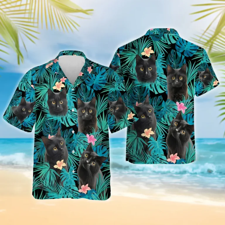 Black Cat Hawaiian Shirt For Men Women, Tropical Leaves Flowers Summer Beach Shirts, Cat Aloha Shirts, Cat Lovers Button Down Short Sleeve Shirts