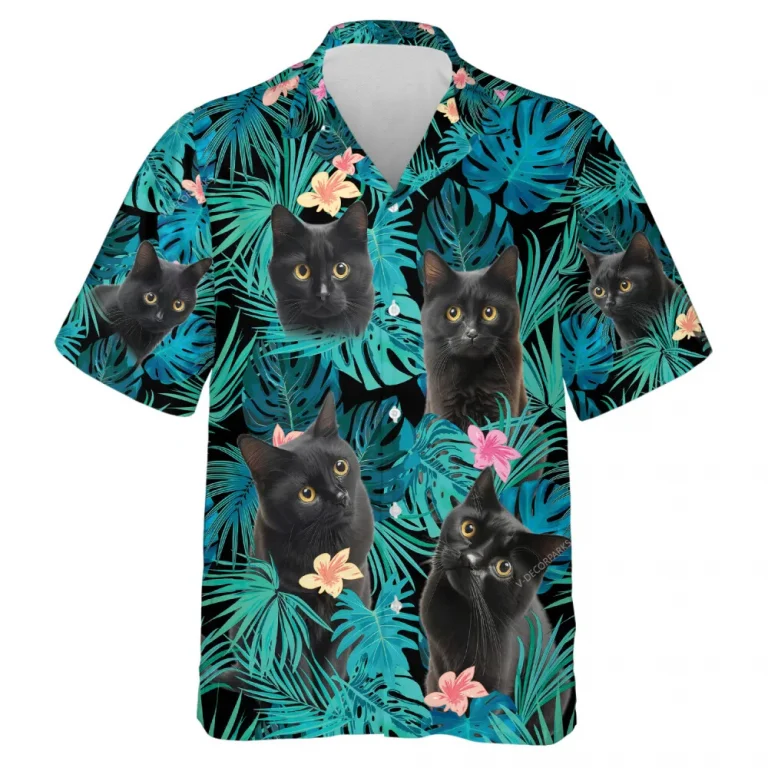 Black Cat Hawaiian Shirt For Men Women, Tropical Leaves Flowers Summer Beach Shirts, Cat Aloha Shirts, Cat Lovers Button Down Short Sleeve Shirts
