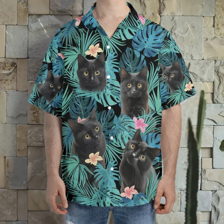 Black Cat Hawaiian Shirt For Men Women, Tropical Leaves Flowers Summer Beach Shirts, Cat Aloha Shirts, Cat Lovers Button Down Short Sleeve Shirts