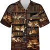 Library Cat And Books Hawaiian Shirts For Men Women, Cat Button Vintage Aloha Hawaii Shirt, Short Sleeve Summer Beach Shirt, Casual Printed Shirt