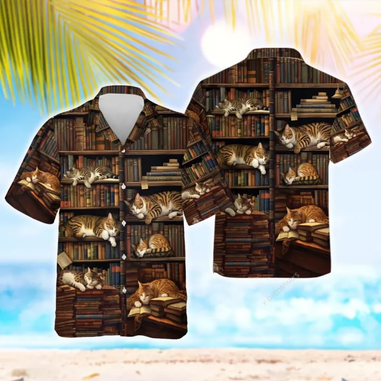 Library Cat And Books Hawaiian Shirts For Men Women, Cat Button Vintage Aloha Hawaii Shirt, Short Sleeve Summer Beach Shirt, Casual Printed Shirt