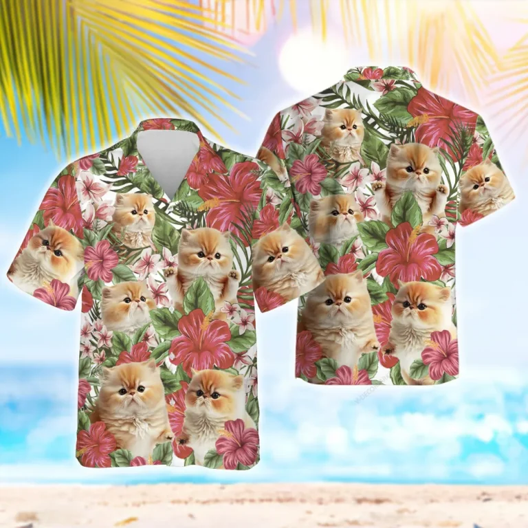 Persian Cat Hawaiian Shirt For Men Women, Tropical Hibiscus Summer Beach Shirts, Cat Aloha Shirts, Cat Lovers Button Down Short Sleeve Hawaiian Shirts