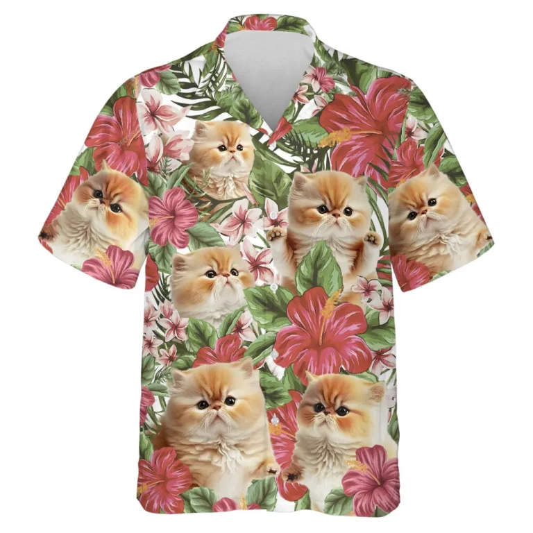 Persian Cat Hawaiian Shirt For Men Women, Tropical Hibiscus Summer Beach Shirts, Cat Aloha Shirts, Cat Lovers Button Down Short Sleeve Hawaiian Shirts