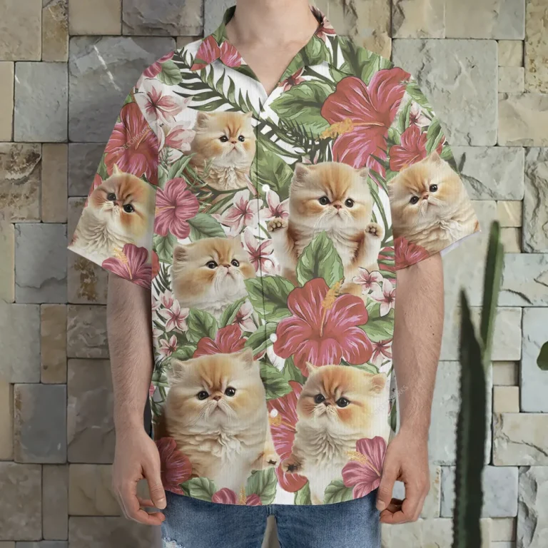Persian Cat Hawaiian Shirt For Men Women, Tropical Hibiscus Summer Beach Shirts, Cat Aloha Shirts, Cat Lovers Button Down Short Sleeve Hawaiian Shirts