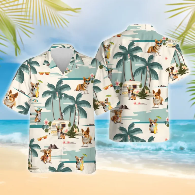 Corgi Beach Hawaiian Shirt For Men Women, Summer Vacation Tropical Beach Shirts, Dog Aloha Shirts, Dog Lovers Button Down Short Sleeve Hawaiian Shirt