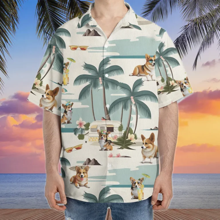 Corgi Beach Hawaiian Shirt For Men Women, Summer Vacation Tropical Beach Shirts, Dog Aloha Shirts, Dog Lovers Button Down Short Sleeve Hawaiian Shirt