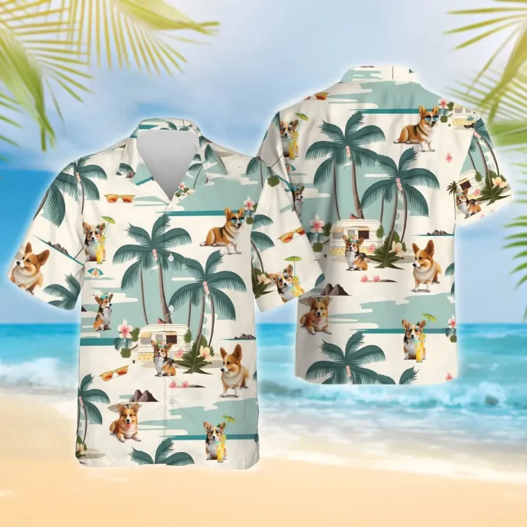 Chilling Corgi Summer Vacation Hawaiian Shirts For Men Women, Tropical Casual Printed Button Down Hawaiian Shirts, Summer Beach Shirt, Aloha Shirt