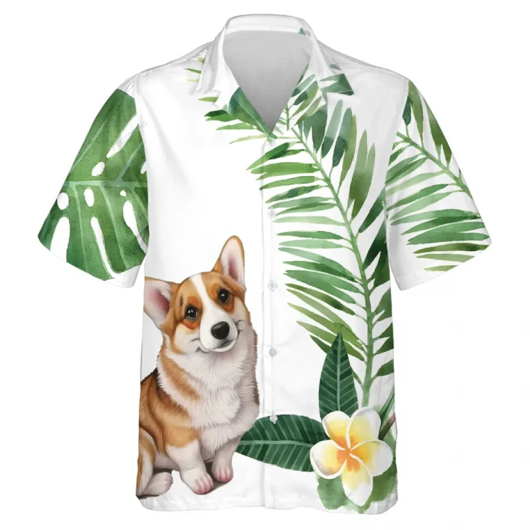 3d Corgi Dog Hawaiian Shirt For Men Women, Tropical Floral Summer Beach Shirts, Dog Aloha Shirts, Dog Lovers Button Down Short Sleeve Hawaiian Shirt