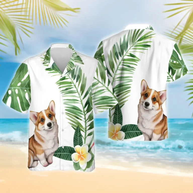 3d Corgi Dog Hawaiian Shirt For Men Women, Tropical Floral Summer Beach Shirts, Dog Aloha Shirts, Dog Lovers Button Down Short Sleeve Hawaiian Shirt