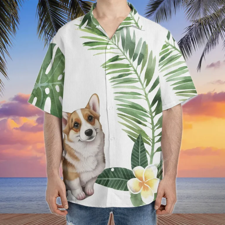 3d Corgi Dog Hawaiian Shirt For Men Women, Tropical Floral Summer Beach Shirts, Dog Aloha Shirts, Dog Lovers Button Down Short Sleeve Hawaiian Shirt