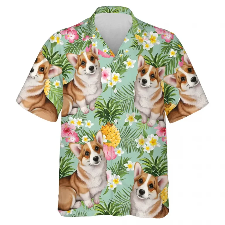Pineapple Corgi Hawaiian Shirt For Men Women, Lovely Dog Summer Beach Shirts, Dog Aloha Shirts, Dog Lovers Button Down Short Sleeve Hawaiian Shirt