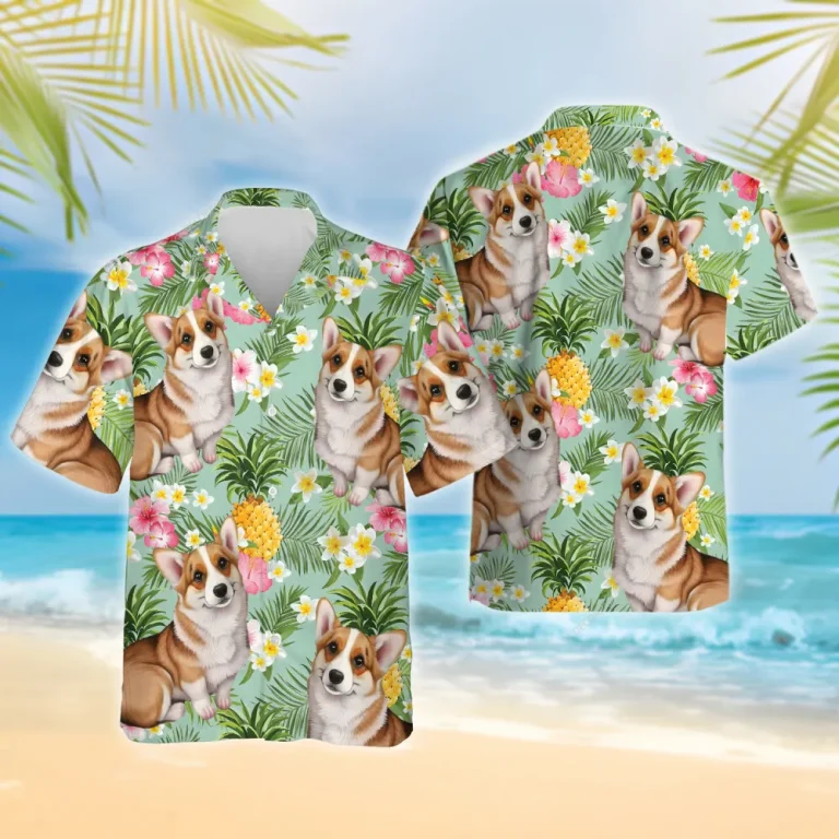 Pineapple Corgi Hawaiian Shirt For Men Women, Lovely Dog Summer Beach Shirts, Dog Aloha Shirts, Dog Lovers Button Down Short Sleeve Hawaiian Shirt
