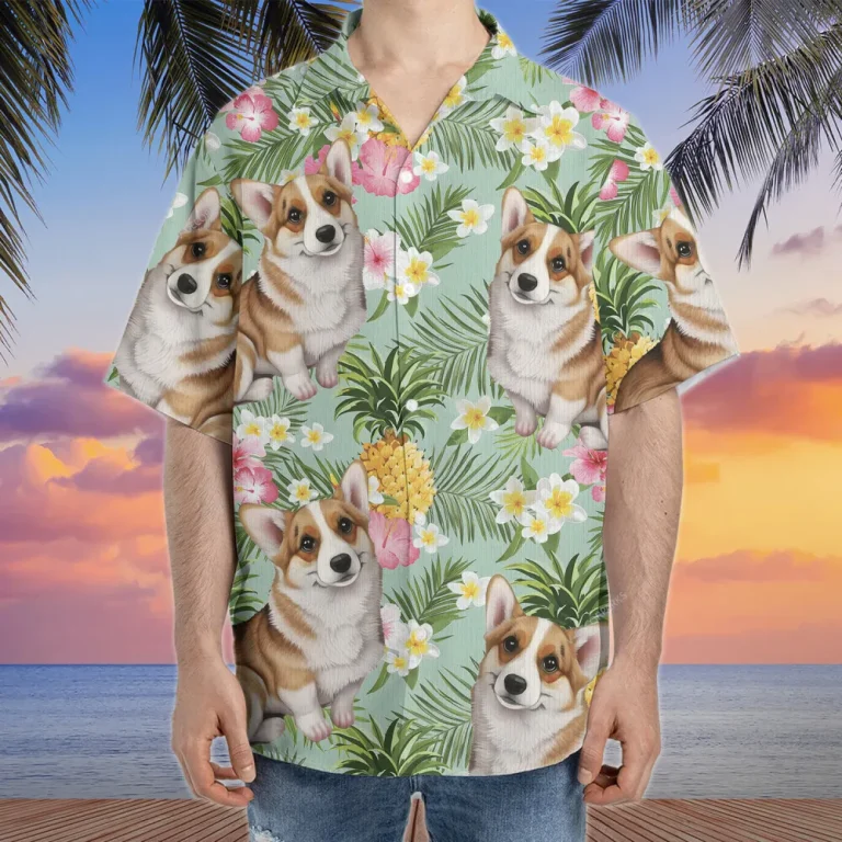Pineapple Corgi Hawaiian Shirt For Men Women, Lovely Dog Summer Beach Shirts, Dog Aloha Shirts, Dog Lovers Button Down Short Sleeve Hawaiian Shirt