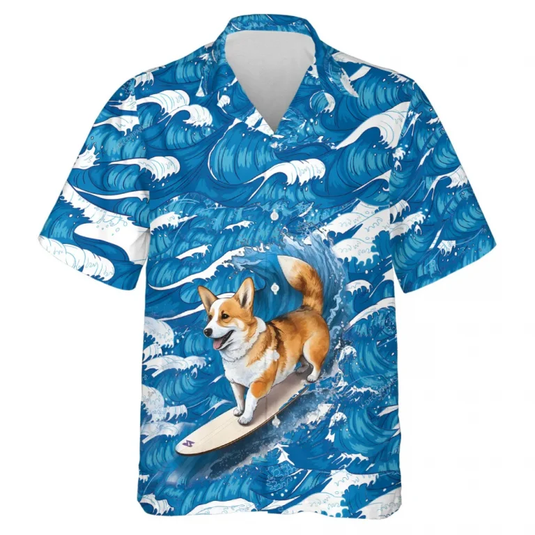 Surfing Corgi Hawaiian Shirt For Men Women, Beach Waves Tropical Summer Shirts, Dog Aloha Shirts, Dog Lovers Button Down Short Sleeve Hawaiian Shirt