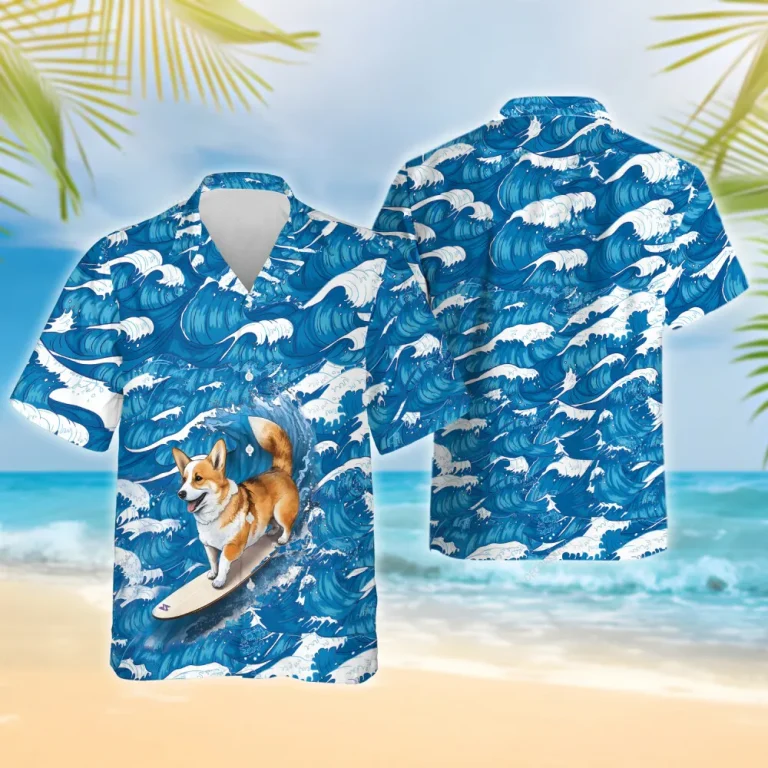 Surfing Corgi Hawaiian Shirt For Men Women, Beach Waves Tropical Summer Shirts, Dog Aloha Shirts, Dog Lovers Button Down Short Sleeve Hawaiian Shirt
