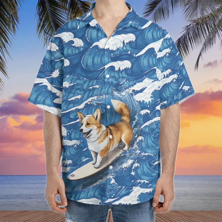 Surfing Corgi Hawaiian Shirt For Men Women, Beach Waves Tropical Summer Shirts, Dog Aloha Shirts, Dog Lovers Button Down Short Sleeve Hawaiian Shirt
