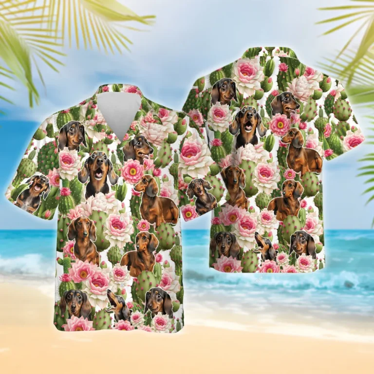 Funny Dachshund Hawaiian Shirts, Tropical Cactus Summer Beach Shirts, Lovely Dachshund Aloha Shirts, Dog Lovers Button Down Short Sleeve Shirts