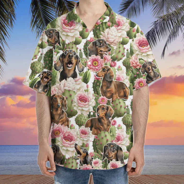 Funny Dachshund Hawaiian Shirts, Tropical Cactus Summer Beach Shirts, Lovely Dachshund Aloha Shirts, Dog Lovers Button Down Short Sleeve Shirts