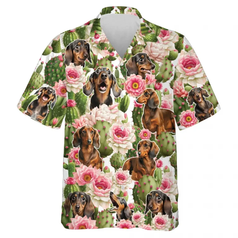 Funny Dachshund Hawaiian Shirts, Tropical Cactus Summer Beach Shirts, Lovely Dachshund Aloha Shirts, Dog Lovers Button Down Short Sleeve Shirts