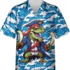 Funny Dinosaur Pirate And Waves Hawaiian Shirts For Men Women, T-rex Hawaiian Casual Button Down Shirt, Summer Vacation Hawaiian Shirt, Aloha Shirt