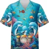 Funny Dolphins Playing Drums Hawaiian Shirts, Sea Animals Hawaiian Shirts, Funny Summer Beach Shirts, Dolphins Casual Button Down Short Sleeve Shirts