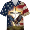 Eagle And Jesus Hawaiian Shirts For Men, American Flag Jesus Cross Summer Shirt, Patriotic Short Sleeve Button Down Shirt, Independence Hawaiian Shirt