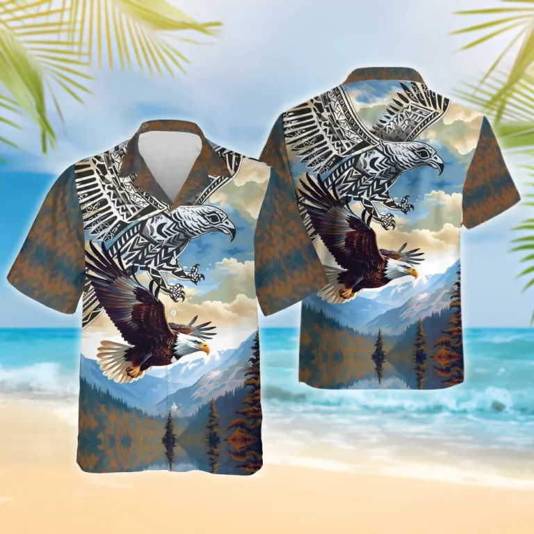 Polynesian Eagle Hawaiian Shirts For Men Women, Native Eagle Summer Beach Shirts, Mountain Scene Button Down Short Sleeve Shirts, Eagle Aloha Shirts