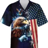 Eagle Astronaut Men's Hawaiian Shirts, American Flag Eagle Summer Shirt, Patriotic Hawaiian Shirts Short Sleeve, 4th Of July Casual Button Down Shirts