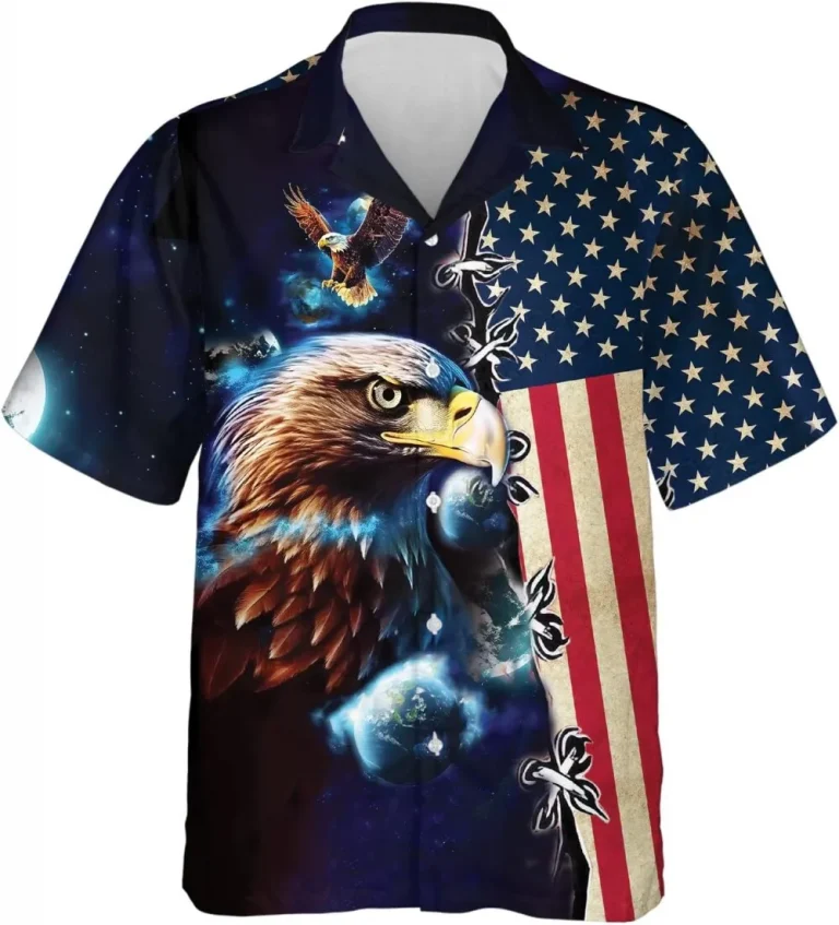 Eagle Astronaut Men's Hawaiian Shirts, American Flag Eagle Summer Shirt, Patriotic Hawaiian Shirts Short Sleeve, 4th Of July Casual Button Down Shirts