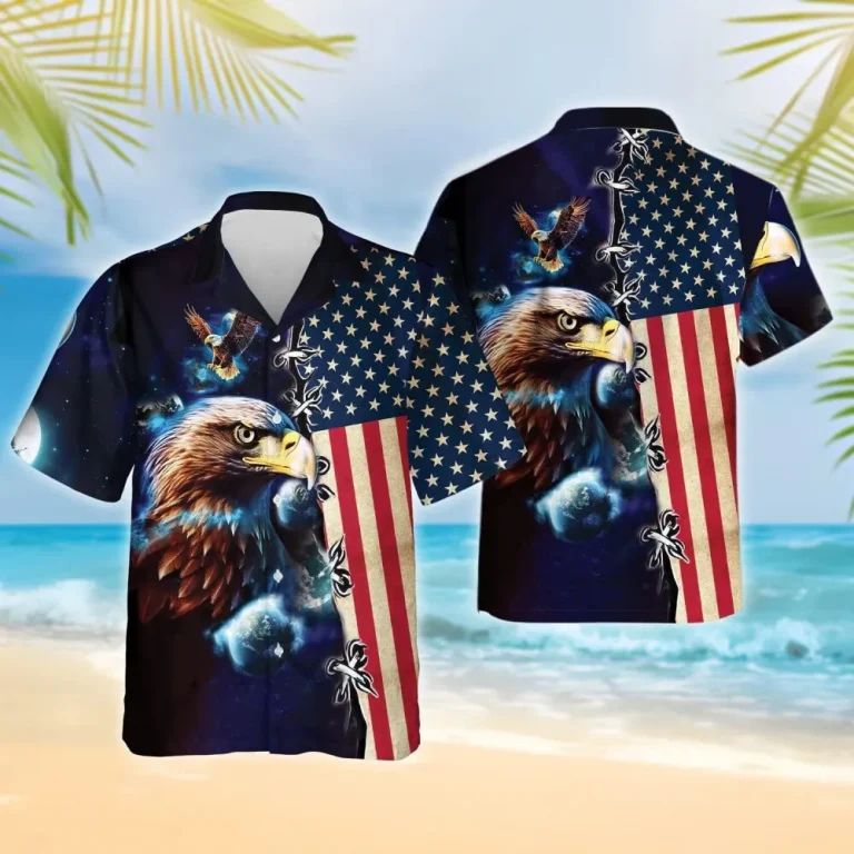 Eagle Astronaut Men's Hawaiian Shirts, American Flag Eagle Summer Shirt, Patriotic Hawaiian Shirts Short Sleeve, 4th Of July Casual Button Down Shirts