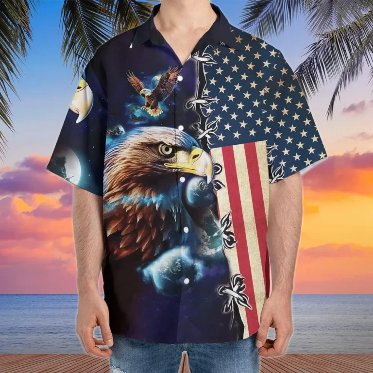 Eagle Astronaut Men's Hawaiian Shirts, American Flag Eagle Summer Shirt, Patriotic Hawaiian Shirts Short Sleeve, 4th Of July Casual Button Down Shirts