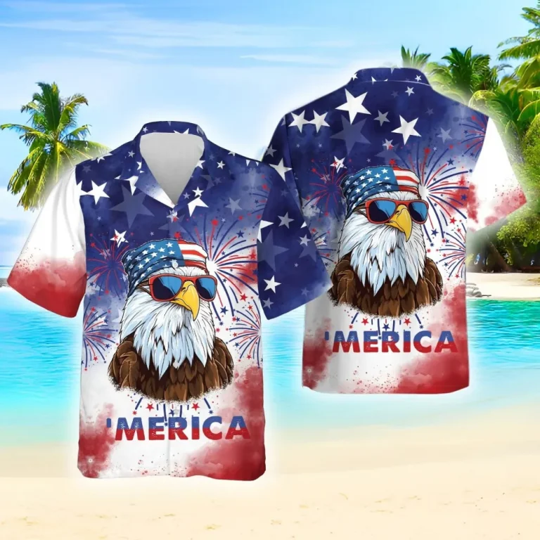Merica Eagle Hawaiian Shirts, Funny Eagle Merica Summer Beach Shirts, Independence Day Button Down Short Sleeve Shirt, Patriotic Eagle Hawaiian Shirt