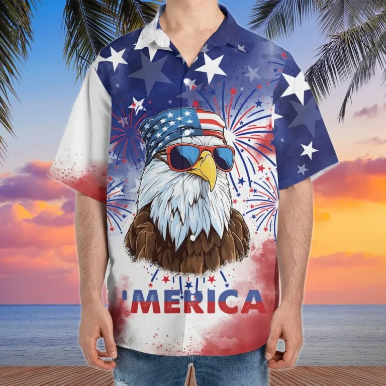 Merica Eagle Hawaiian Shirts, Funny Eagle Merica Summer Beach Shirts, Independence Day Button Down Short Sleeve Shirt, Patriotic Eagle Hawaiian Shirt