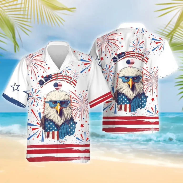 Powerful American Eagle Hawaiian Shirts For Men, Patriotic Shirt, Casual Button Down Short Sleeve Shirt, American Flag Hawaiian Aloha Shirt