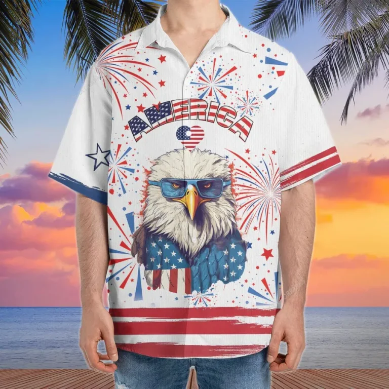 Powerful American Eagle Hawaiian Shirts For Men, Patriotic Shirt, Casual Button Down Short Sleeve Shirt, American Flag Hawaiian Aloha Shirt