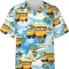 School Bus And Student Tropical Pattern Hawaiian Shirt For Men, School Bus Hawaiian Aloha Shirt, Mens Button Down Shirt, Bus Driver Summer Beach Shirt