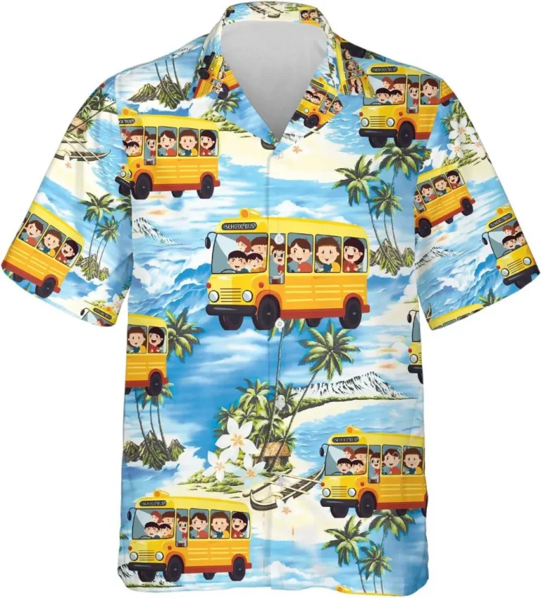 School Bus And Student Tropical Pattern Hawaiian Shirt For Men, School Bus Hawaiian Aloha Shirt, Mens Button Down Shirt, Bus Driver Summer Beach Shirt