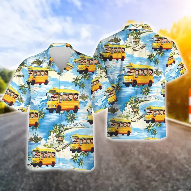 School Bus And Student Tropical Pattern Hawaiian Shirt For Men, School Bus Hawaiian Aloha Shirt, Mens Button Down Shirt, Bus Driver Summer Beach Shirt