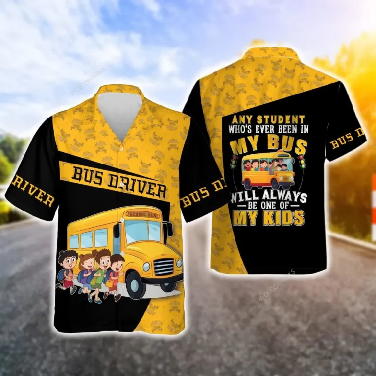 School Bus And Students Hawaiian Shirt For Men, Bus Driver Summer Aloha Shirt, Back To School, Mens Button Down Short Sleeve Hawaiian Shirt