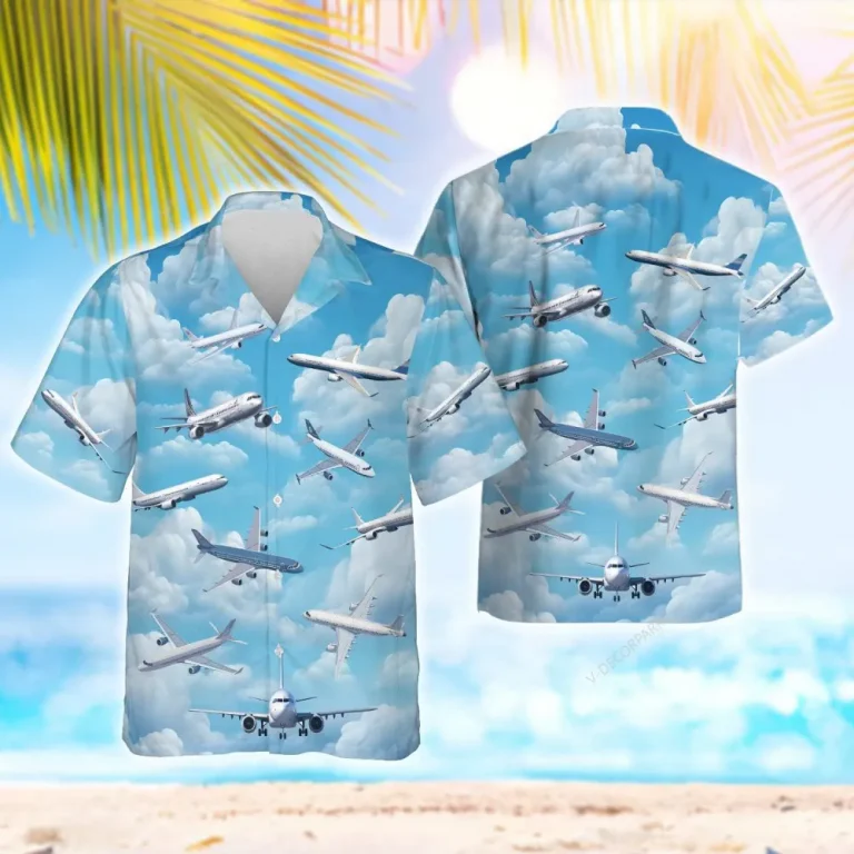 Airplane And Blue Sky Hawaiian Shirt For Men, Airplane Summer Beach Shirt, Casual Button Down Shirt Short Sleeve, Pilot Gift, Hawaiian Aloha Shirt