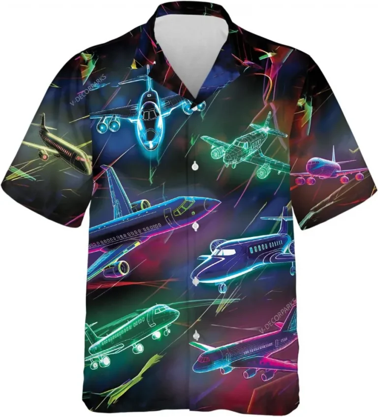 Neon Airplane Hawaiian Shirt For Men, Colorful Plane Summer Beach Shirt, Neon Button Down Shirt Short Sleeve, Aircraft Hawaiian Style Shirts